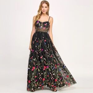 Juniors' Floral-Embroidery Illusion-Corset Dress